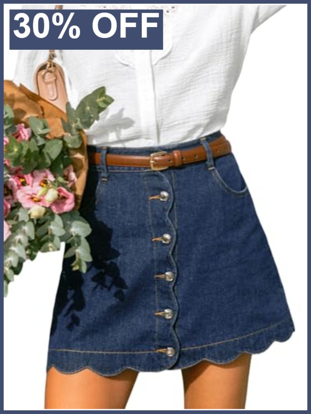 CUPSHE Denim Mini Skirt Buttons A-Line Scalloped High Waist